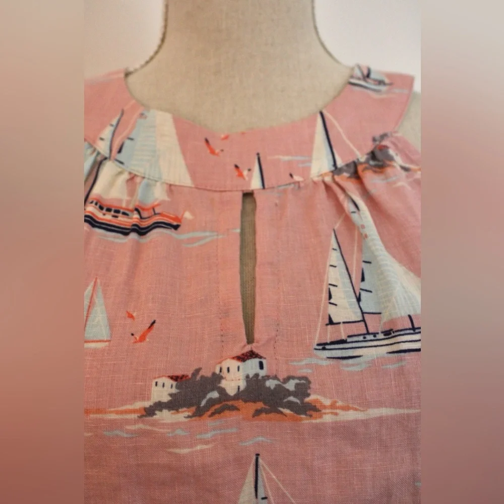 St. Tropez 100% Linen Pink White Sailboat Print Sleeveless Dress XS - Picture 4 of 14